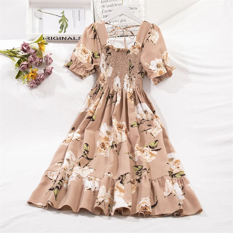 Vestidos  primavera, verão moda feminina, cintura elástica, manga curta, casual.