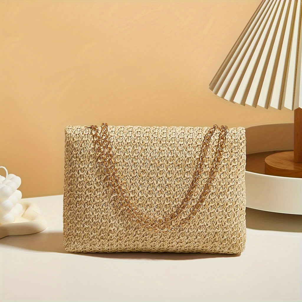 Bolsa de ombro feminina feita à mão em palha trançada, bolsa transversal de cor sólida da moda com fecho de trava