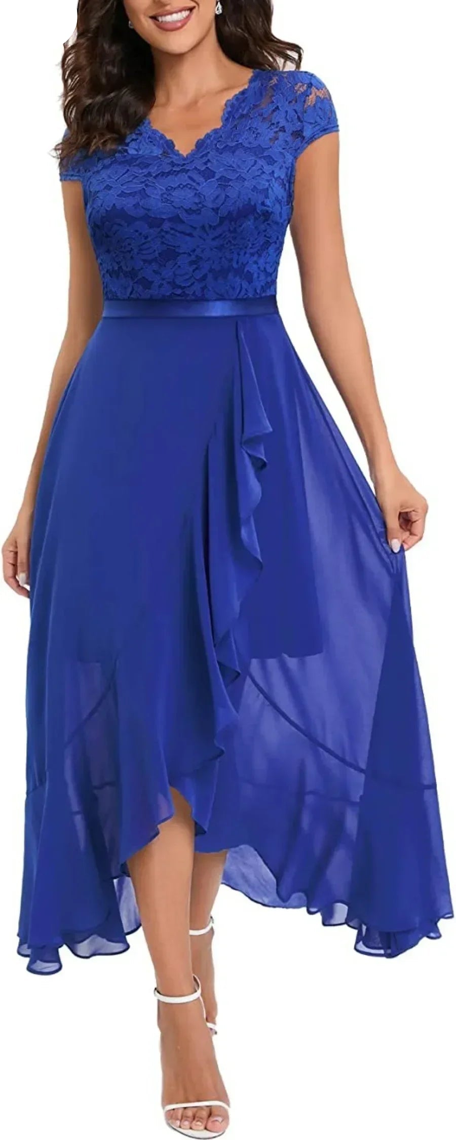 Vestido de festa feminino de manga curta com decote em V, luxuoso, com babados e renda, de  irregular, elegante.