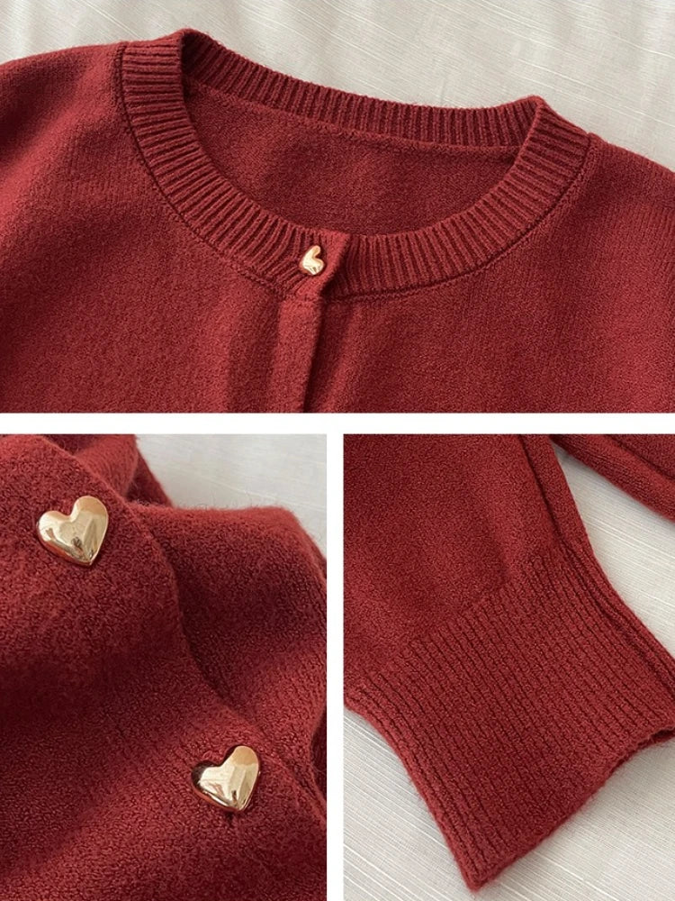 Cardigan feminino com fivela dourada, manga longa, casual, fino, de malha elegante.