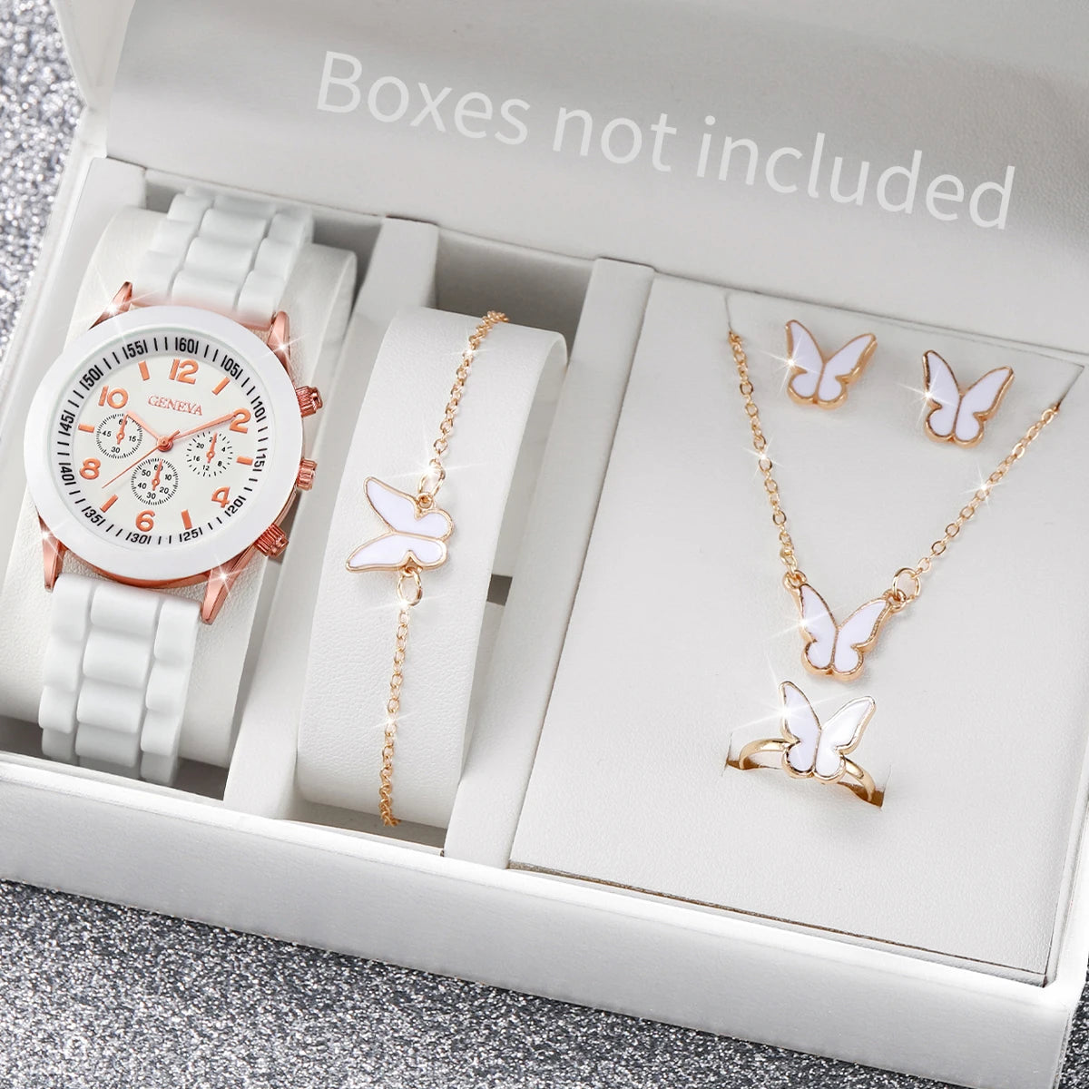 Relógio feminino com pulseira de silicone, 5/6 peças, relógios de quartzo, pulseira colar e par de brincos