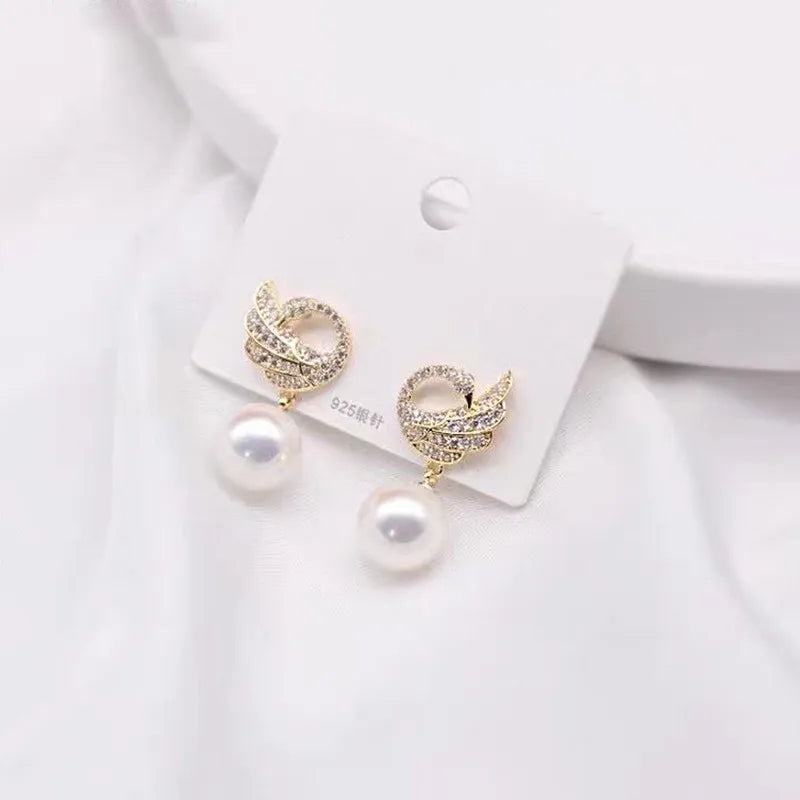 Brincos de cisne de cristal com agulha de prata , moda feminina  brincos de pérola elegantes.