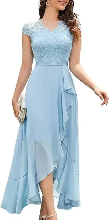 Vestido de festa feminino de manga curta com decote em V, luxuoso, com babados e renda, de  irregular, elegante.