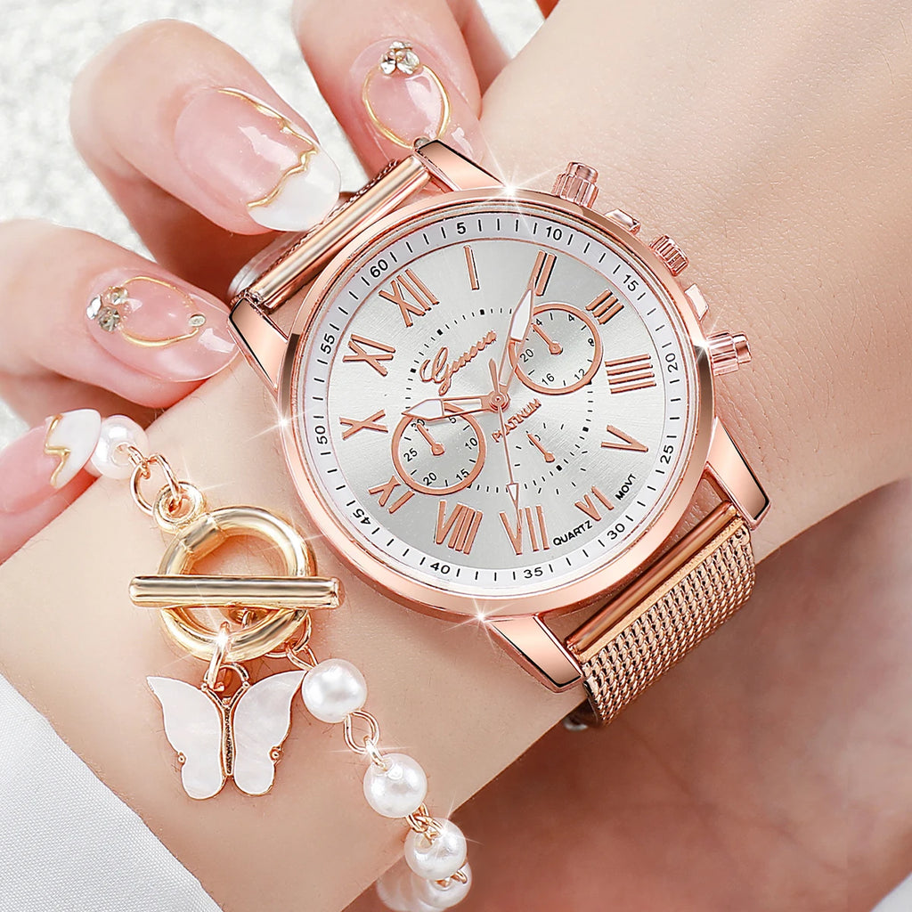 Conjunto feminino relógio analógico de quartzo com pérolas e pulseira de borboleta.