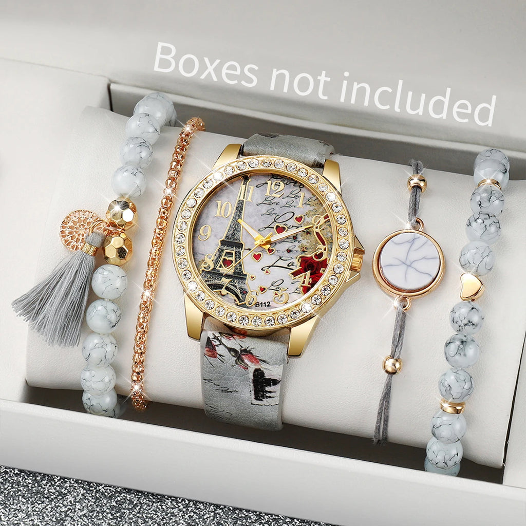 Relógio feminino com pulseira de couro estampada com  personagem vintage acompanha strass e flores, conjunto de 3/4/5 peças.
