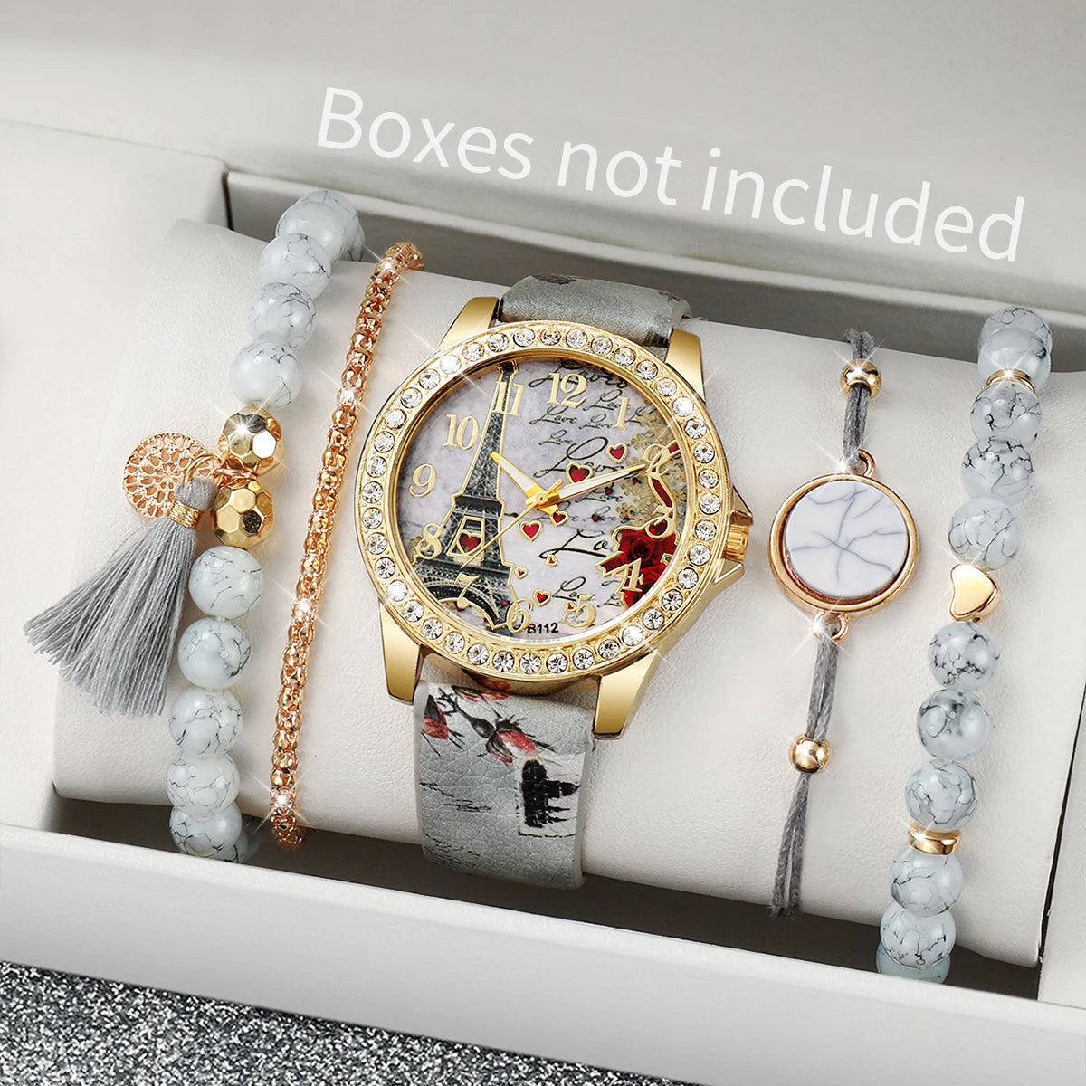 Relógio feminino com pulseira de couro estampada com  personagem vintage acompanha strass e flores, conjunto de 3/4/5 peças.