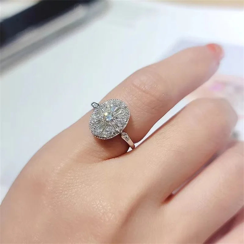 Anel  de luxo em prata  com corte princesa e diamantes moda, joias ajustáveis.