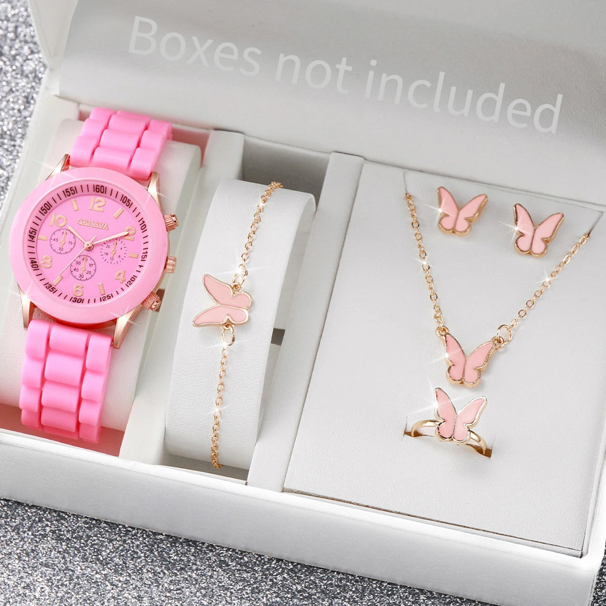 Relógio feminino com pulseira de silicone, 5/6 peças, relógios de quartzo, pulseira colar e par de brincos
