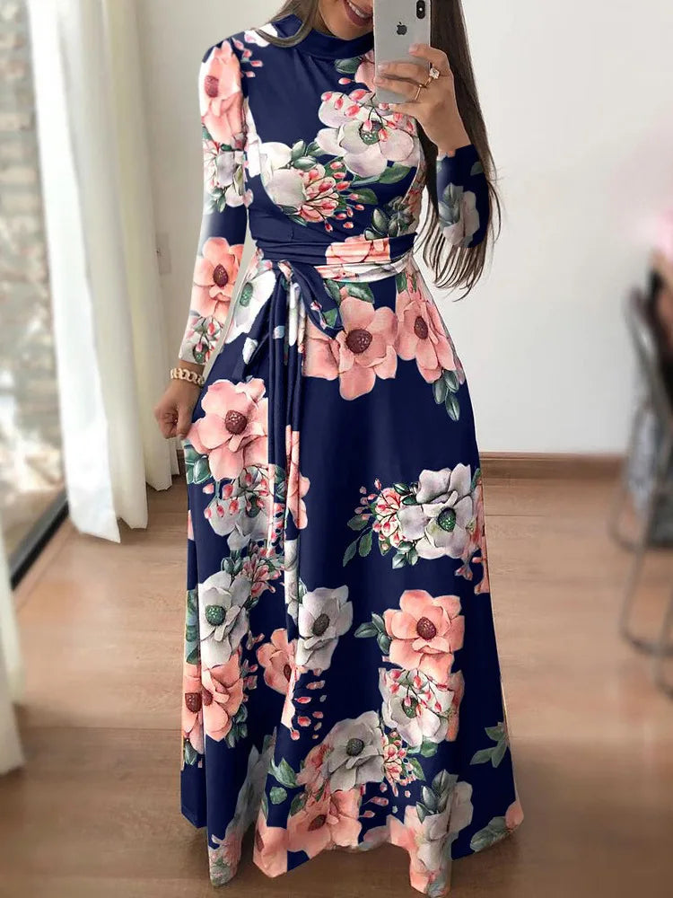 Vestido Florido com gola alta comprido leve solto casual elegante.