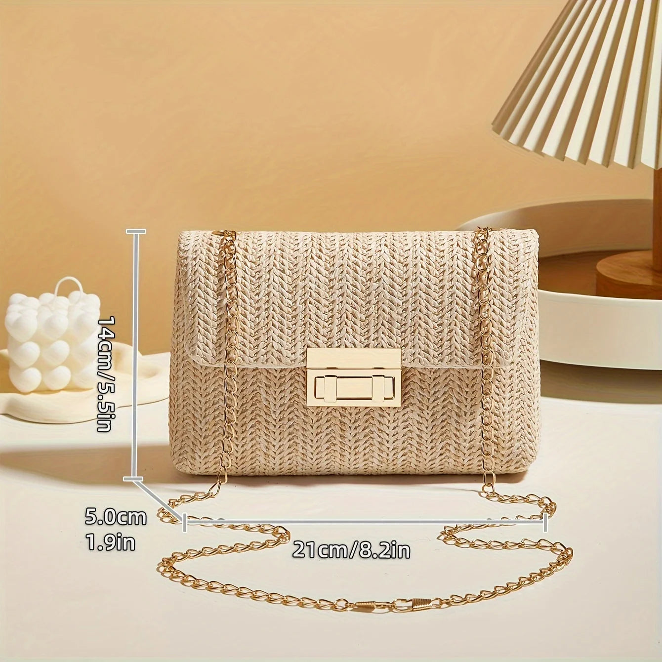Bolsa de ombro feminina feita à mão em palha trançada, bolsa transversal de cor sólida da moda com fecho de trava