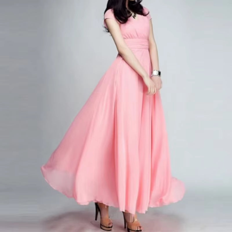 Vestido feminino com decote em V e manga curta, cor sólida, longo,  cintura alta, vestidos de verão.