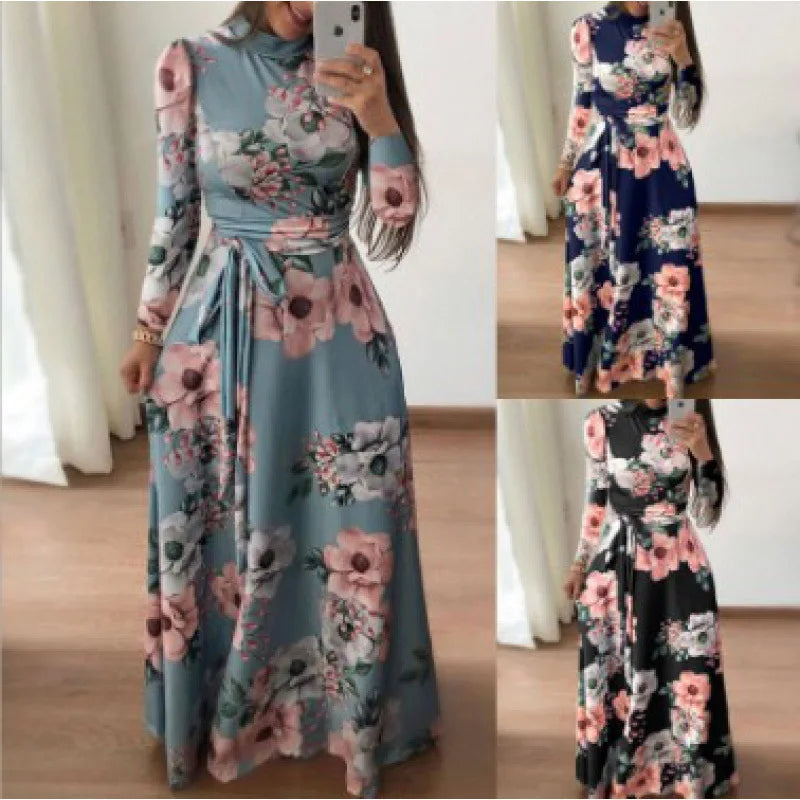 Vestido Florido com gola alta comprido leve solto casual elegante.