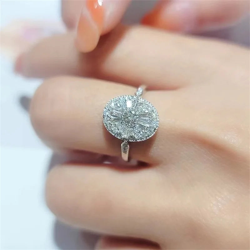 Anel  de luxo em prata  com corte princesa e diamantes moda, joias ajustáveis.