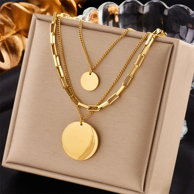 Colar com pingente redondo 3 em 1, em aço inoxidável  cor dourada moda feminina