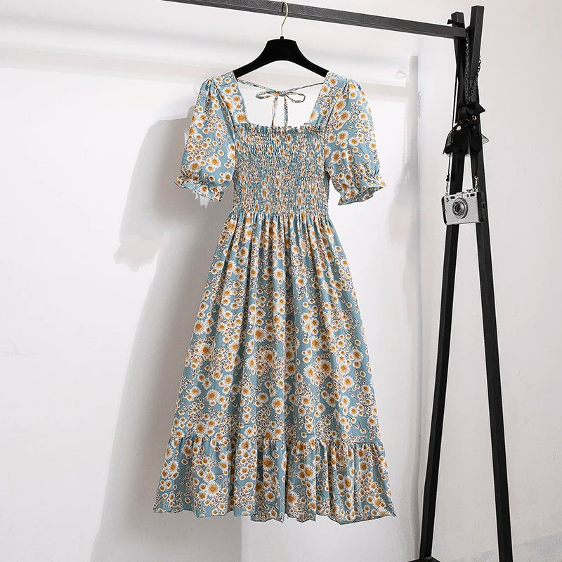 Vestidos  primavera, verão moda feminina, cintura elástica, manga curta, casual.