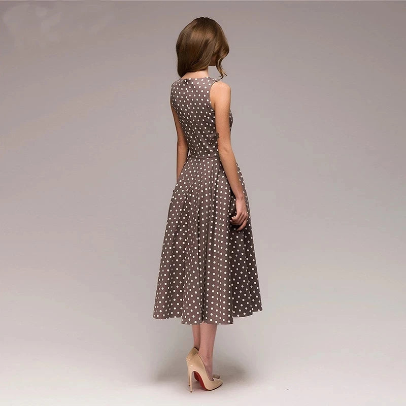 Vestido vintage sem mangas com decote redondo, elegante, fino, estampa de bolinhas casual, estilo  verão.
