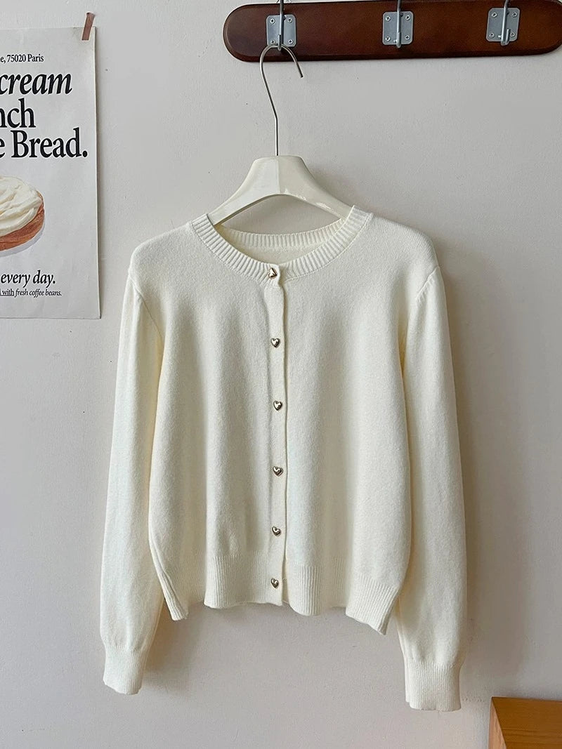 Cardigan feminino com fivela dourada, manga longa, casual, fino, de malha elegante.
