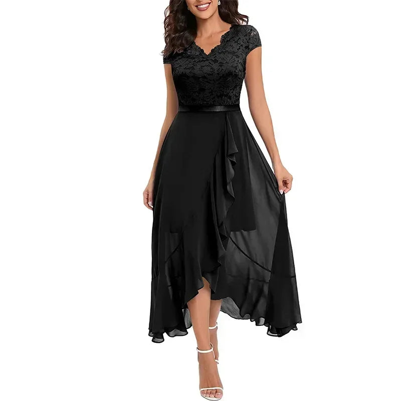 Vestido de festa feminino de manga curta com decote em V, luxuoso, com babados e renda, de  irregular, elegante.
