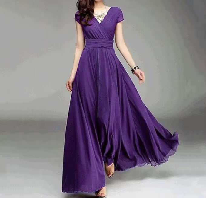 Vestido feminino com decote em V e manga curta, cor sólida, longo,  cintura alta, vestidos de verão.